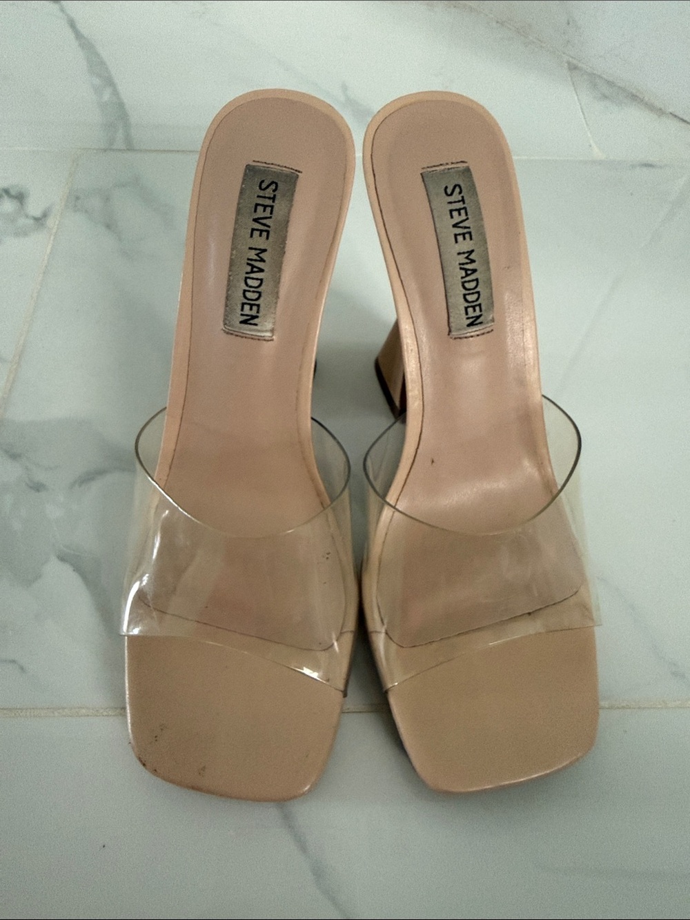 Steve Madden Beige Clear Strap Block Heel Mules size 6
